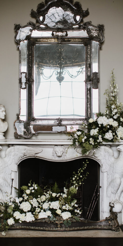 Fireplace White Wedding Flowers Display